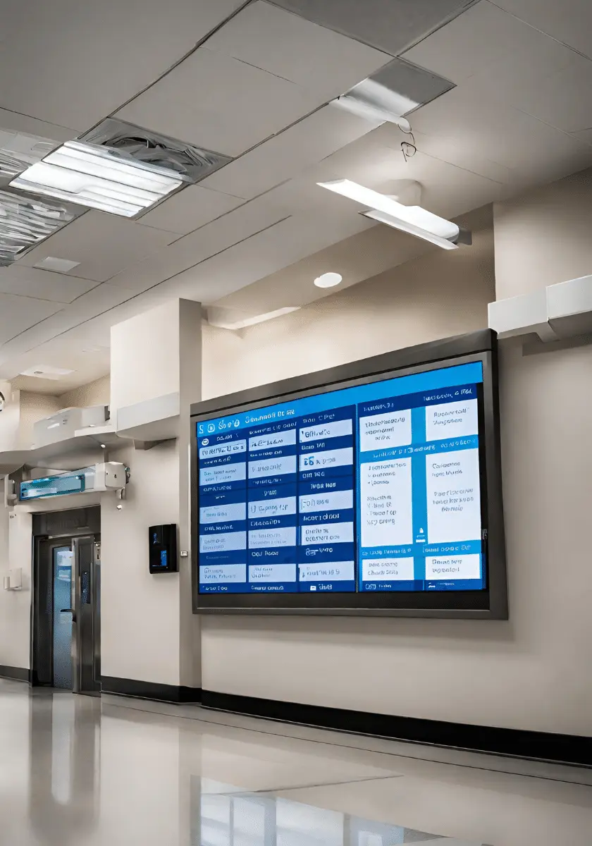 Digital signage display in a hospital, illustrating effective digital communications for improved patient engagement and information delivery