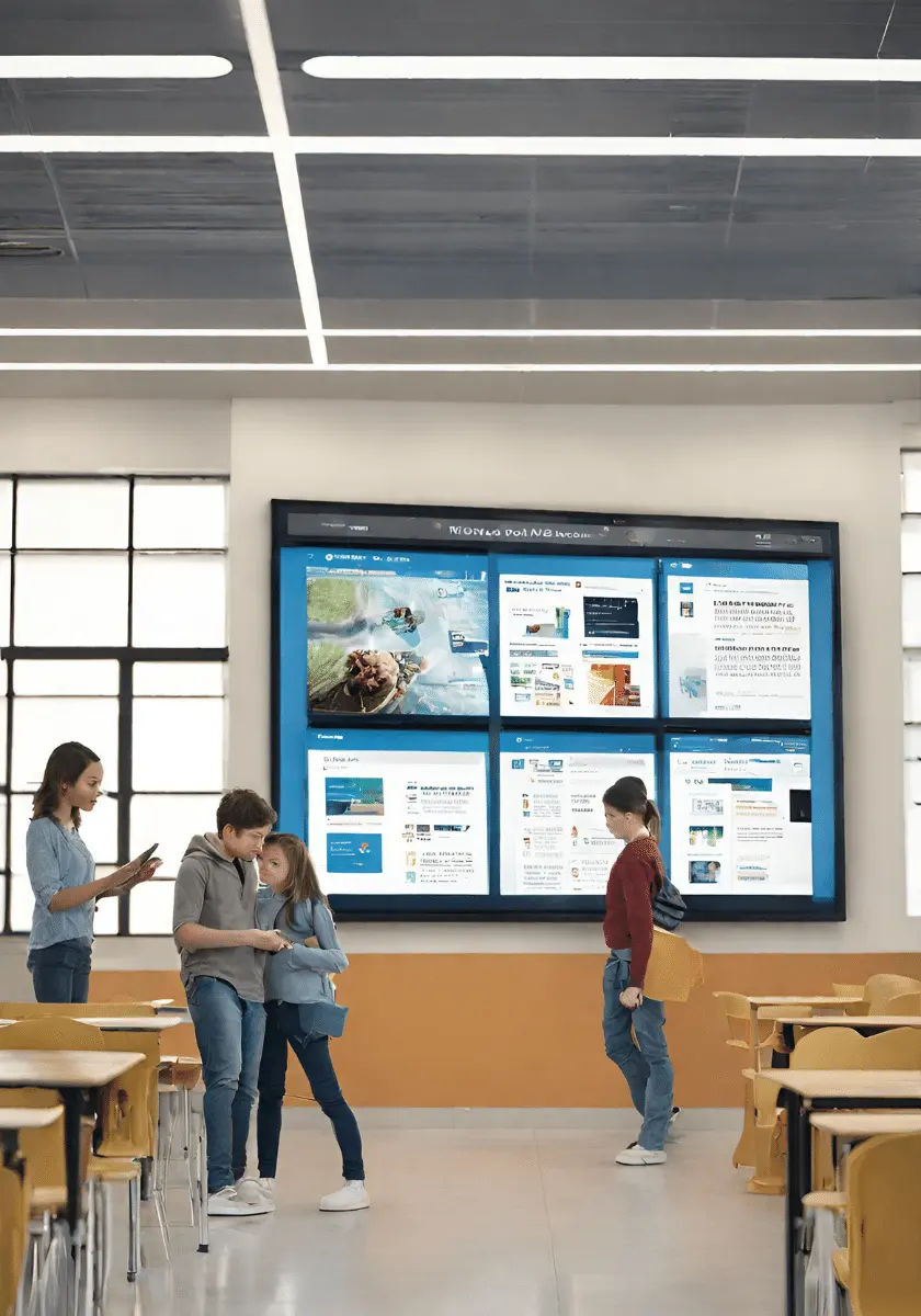 Digital signage display in a school showcasing Android signage content creation for an interactive learning environment