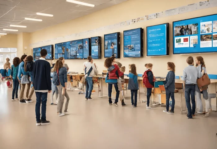 Digital signage display in a school showing important exam information