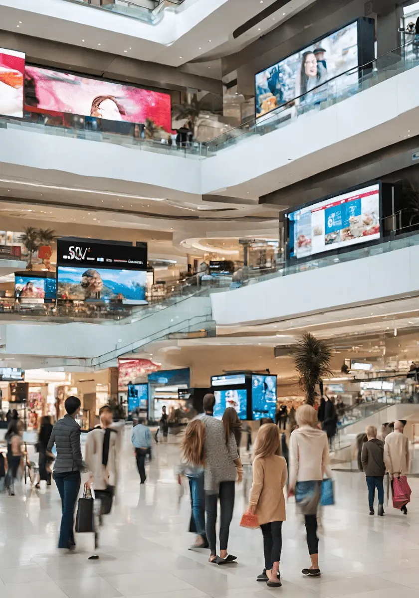 Digital signage display in a bustling mall showcasing advanced wayfinding solutions for easy navigation