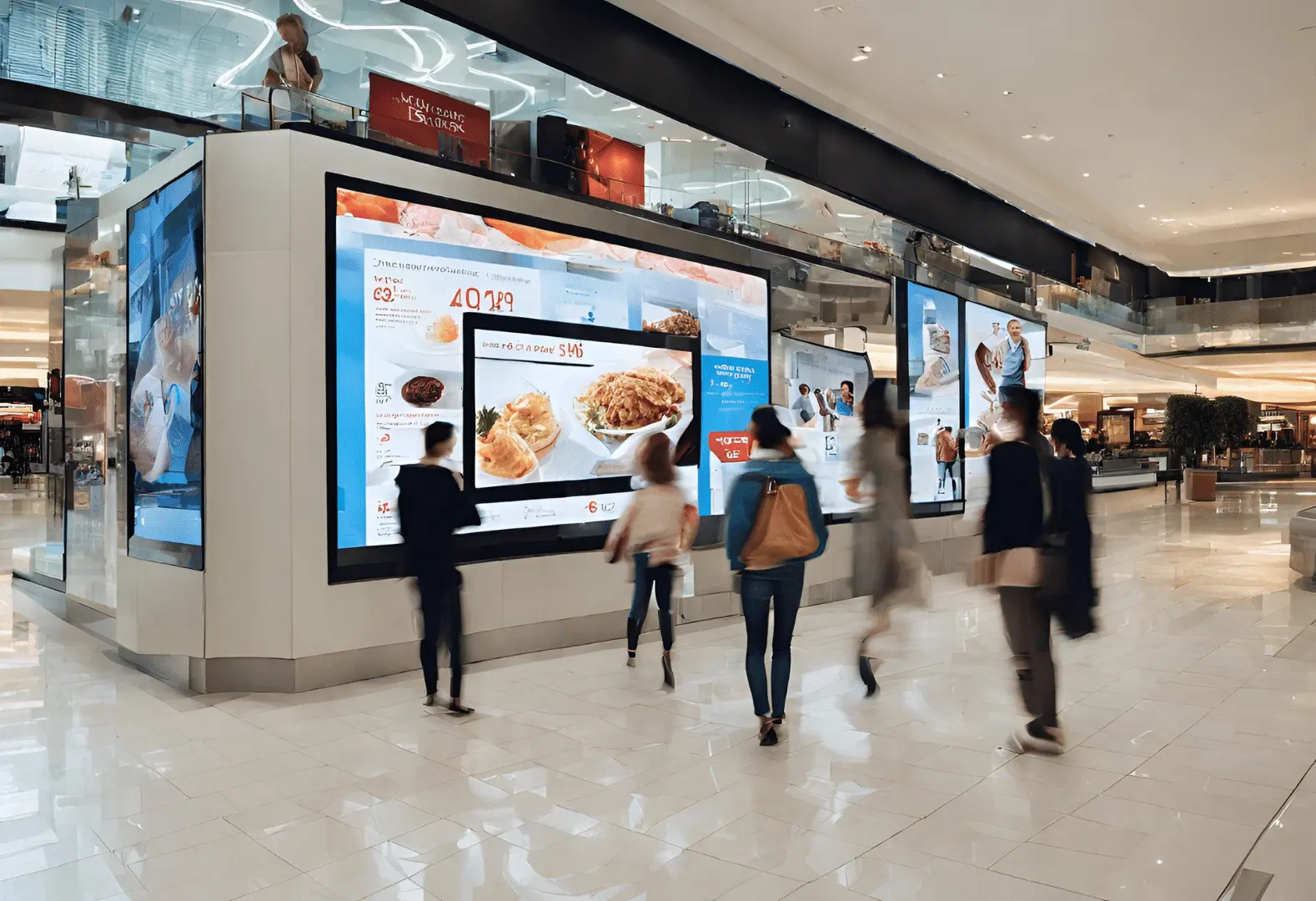 Digital signage display in a bustling mall showcasing interactive kiosks for a modern shopping experience