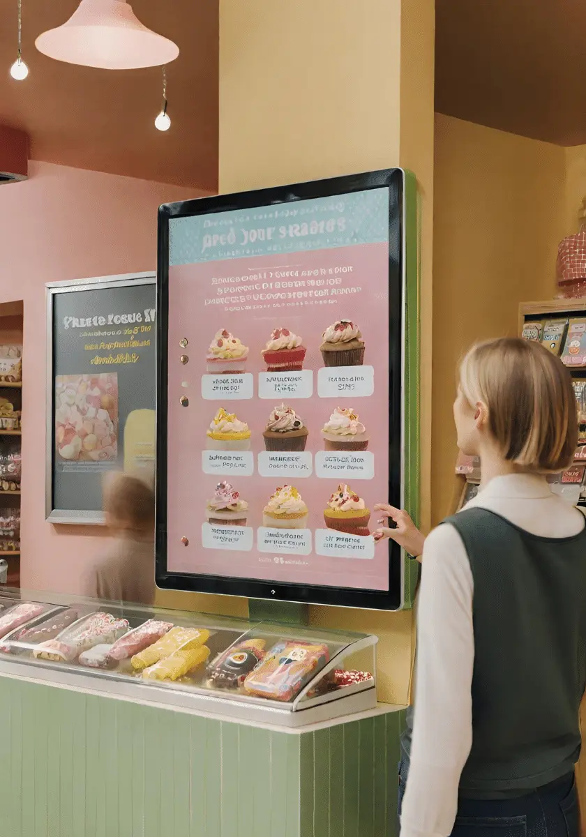 Digital signage player showcasing delicious treats in a sweets shop