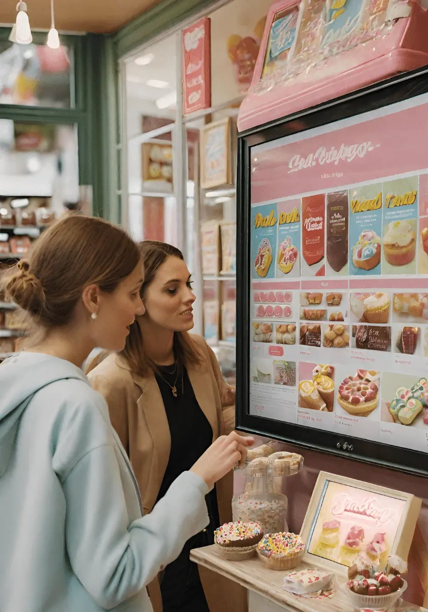 Digital signage display in a sweets shop showcasing delectable treats, powered by an Android signage system
