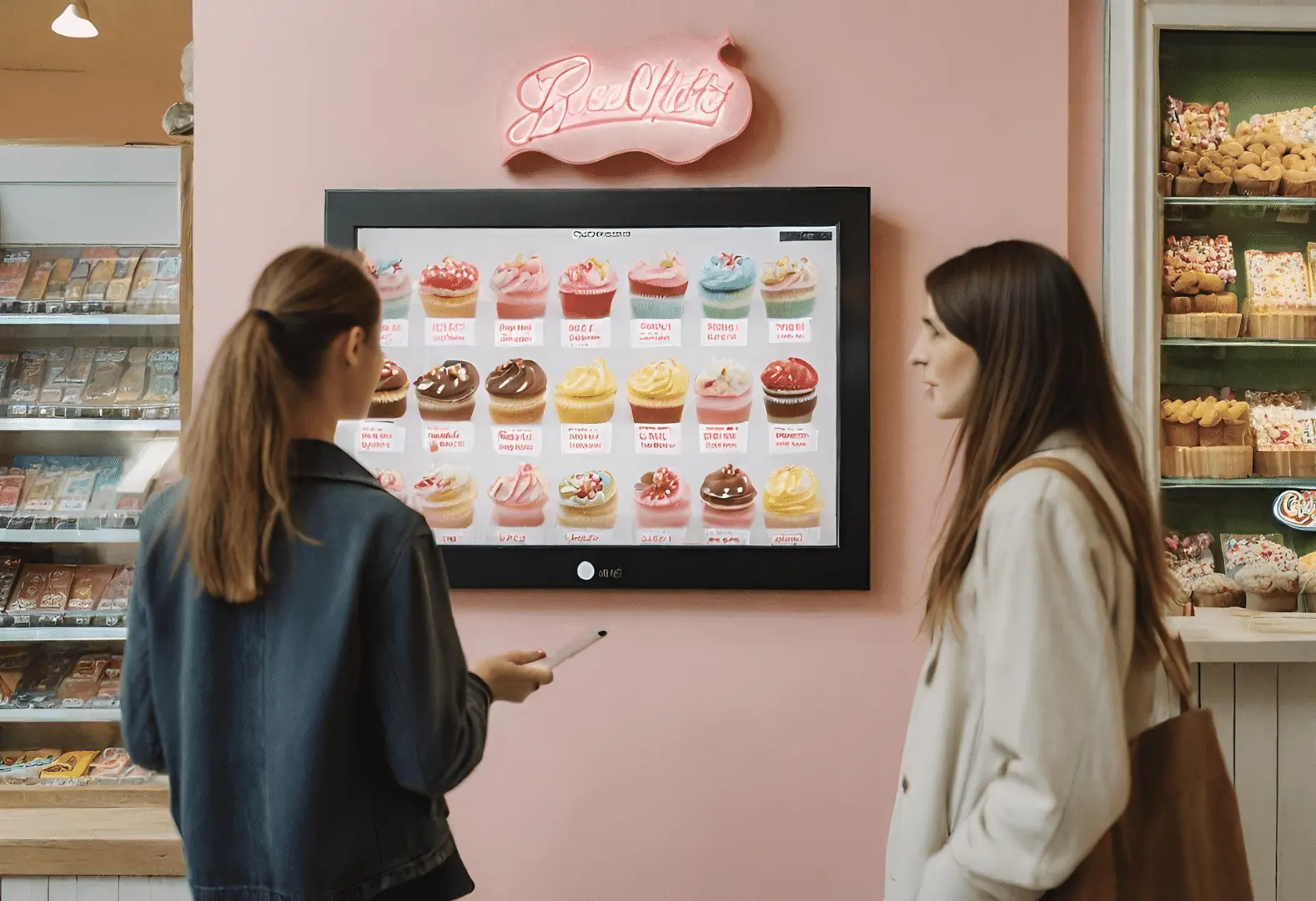Digital signage display in a sweets shop featuring a delightful array of treats. Retail signage with Android software adds a modern touch to the confectionery environment