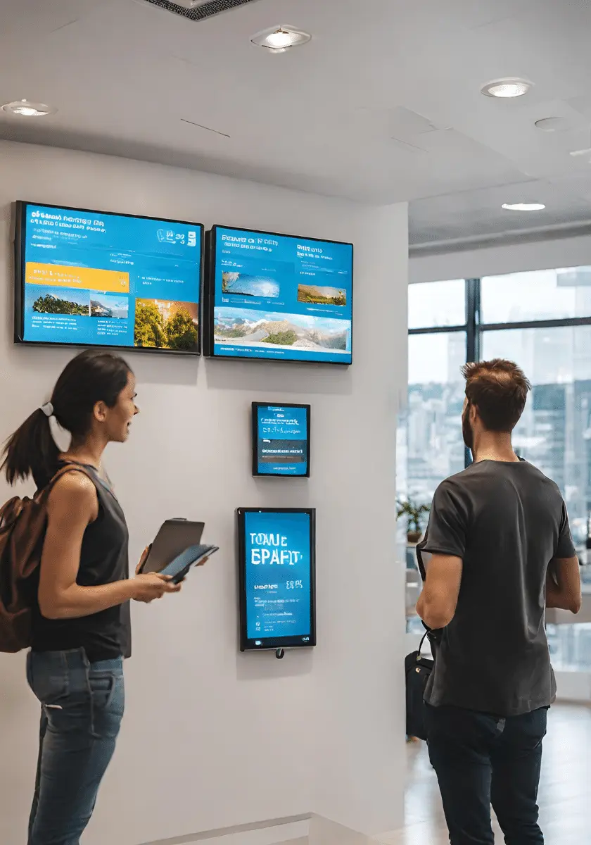 Digital signage display in a travel office featuring data-driven content on Android screens