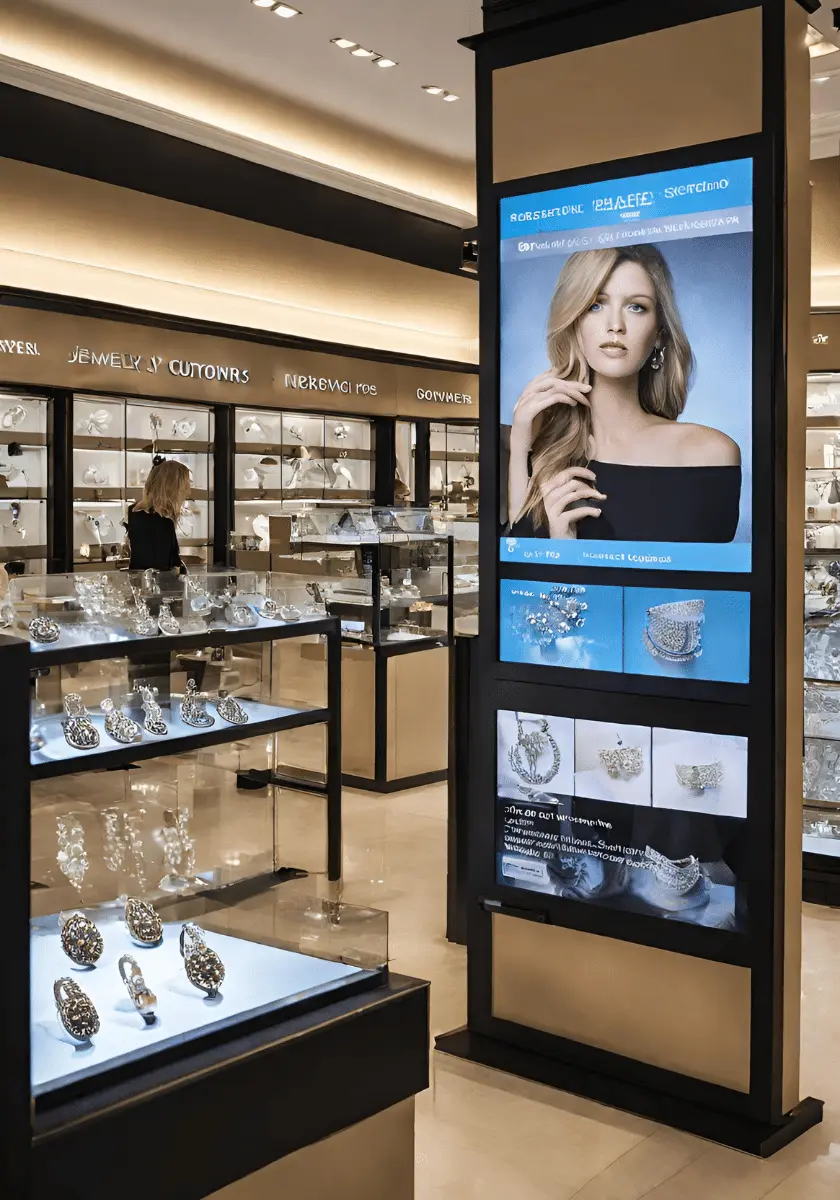 Digital Signage Content in Jewelry Industry - A sophisticated digital display in a jewelry store showcasing exquisite pieces and enhancing the shopping experience