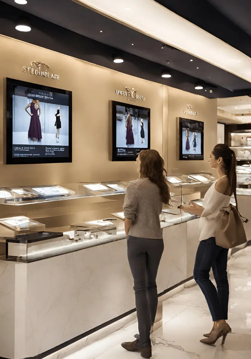 Digital signage display showcasing exquisite jewelry in a sophisticated jewelry store setting
